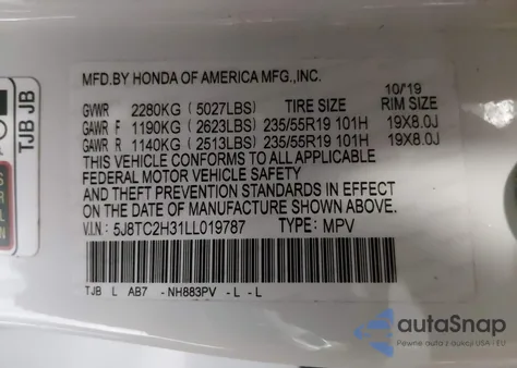 2020 Acura Rdx Standard z USA, uszkodzony, nr VIN 5J8TC2H31LL019787